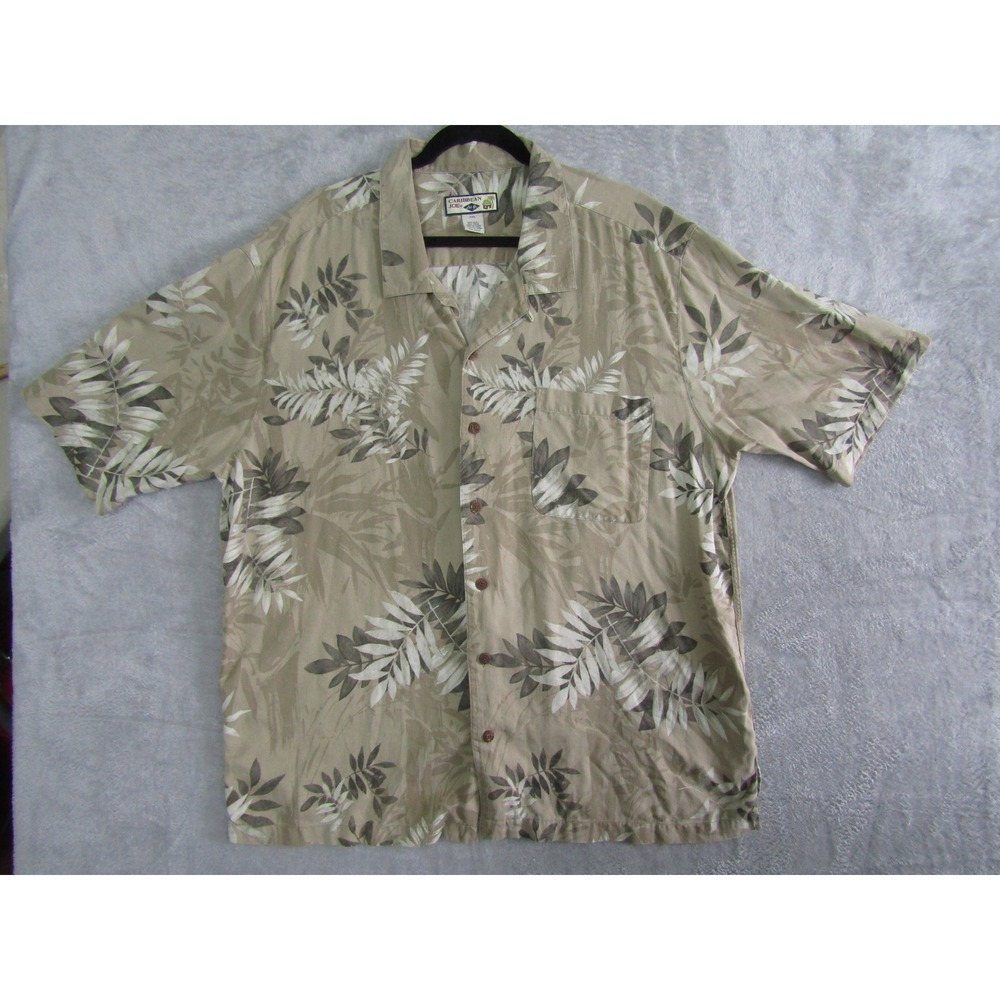 Caribbean Joe Mens Tropical Leaf Print Silk Short Sleeve Button Up Shirt‎ XXL